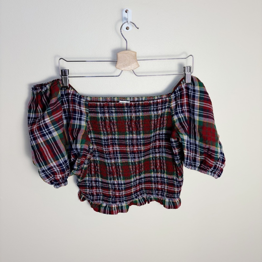 American Eagle Top Women L Red Plaid Smocked Off The Shoulder Puff Sleeve Crop - Picture 8 of 8